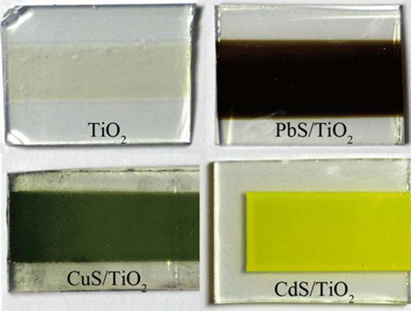 TiO2 박막 기판과 그 위에 CuS, PbS, CdS가 증착된 기판 사진