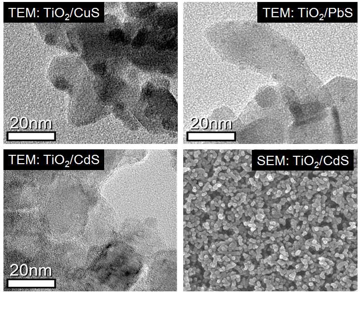 TiO2 박막 기판 위에 증착된 CuS, PbS, CdS의 SEM과 TEM 분석 결과