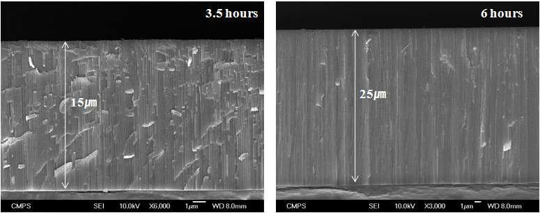 Anozing 시간에 따른 AAO의 변화에 대한 SEM image