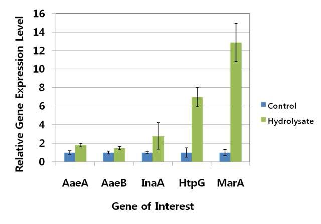 RT-qPCR results from E. coli BL21 exposed to an actual hydrolysate sample for 10min, demonstrating that the genes selected within this study are induced by the hydrolysate chemicals present.