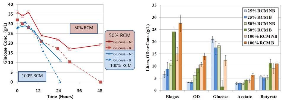 Effects of the media composition and buffering conditions on the characteristics of C. tyrobutyricum batch cultures. A) Glucose concentrations from 50 and 100% RCM cultures showing the faster utilization by the culture grown in the richer media and when buffered. B) Compiled results from batch cultures grown in different media compositions and with (B) or without (NB) buffering. The results are from 3 independently grown cultures.