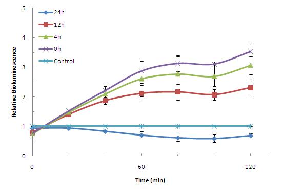 Relative bioluminescence results showing the decrease in responseresulting from the degradation of benzoic acid by strain AX.