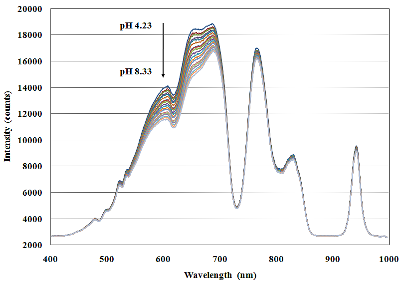 그림 3-6-3 투과형 pH 센서를 사용한 경우, pH 변화에 따른 BTB 함유 pH 감응막의 전체 스펙트럼