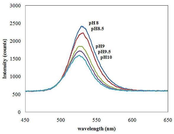그림 3-1-6 530 nm 광원에서 pH 변화에 따른 티몰블루의 흡수스펙트럼
