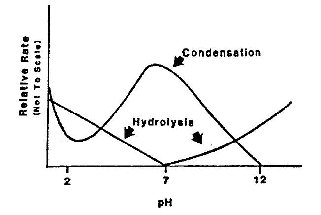 그림 3-3-2 수화 및 중합 반응속도에 대한 pH의 영향