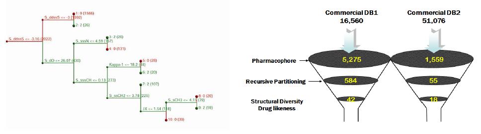 Recursive Partition 방법에 의한 활성리간드와 비활성 리간드의 분류 및 가상검색 Workflow