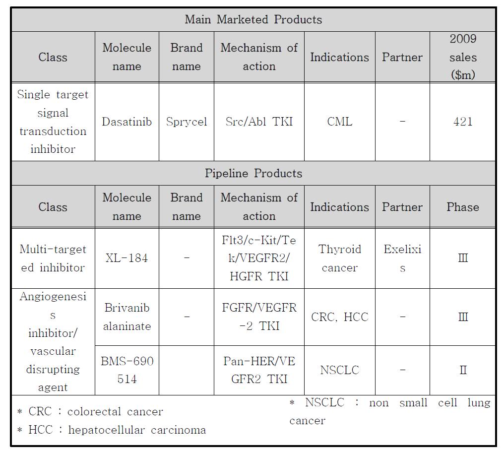 BMS의 small molecule targeted therapy oncology portfolio, 2010