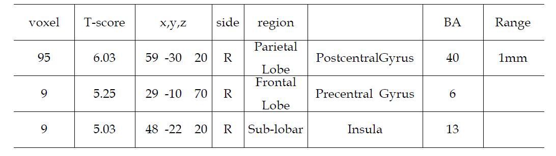 피험자의 왼손 검지 세 번째 위치(L3)에 가벼운 압력의 촉각 자극을 제시하였을 경우 이에 반응하는 뇌의 활성 영역
