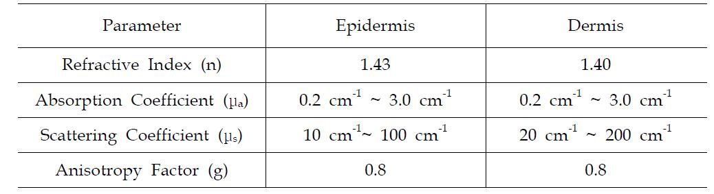 시뮬레이션에 사용된 피부의 광학 특성 계수