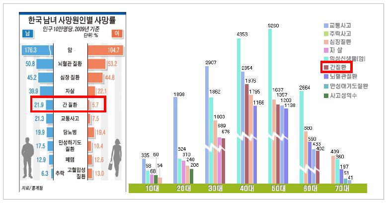 한국 남녀 사망원인별 사망률 및 연령대별 사망원인 순위