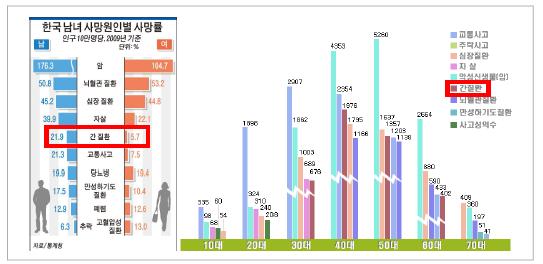 한국 남녀 사망원인별 사망률 및 연령대별 사망원인 순위