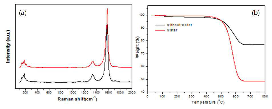 물 주입여부에 따라 합성된 DWCNT의 Raman 및 TGA 스펙트라 (a) Raman 스펙트라 (b) TGA 스펙트라