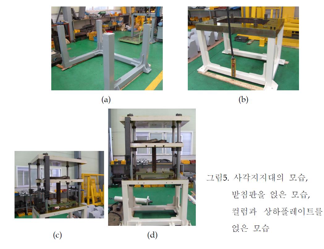 사각지지대의 모습, 받침판을 얹은 모습, 컬럼과 상하플레이트를 얹은 모습