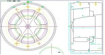 외경 214mm, 내경 182mm, 두께 16t 6포트 홀 압출다이 도면