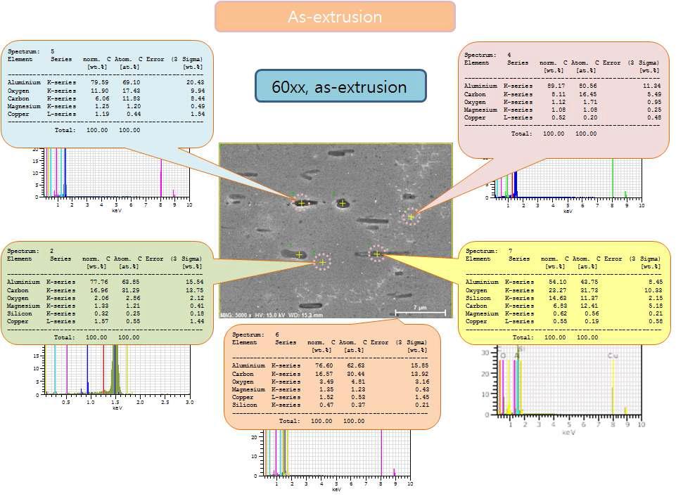 Al합금 20XX 및 60XX계열의 봉상(∅80*300) 시료를 용체화 처리 전 SEM/EDX에 의한 분석 결과.