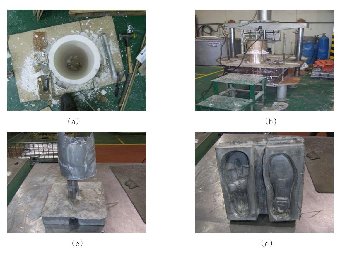 (a) 시험모델 신발금형의 복제상태 (b) 주형제작을 위한 플라스크내 모델 배치(c) 주형용 석고로 모델을 복제한 상태 (d) 상형 석고 주형