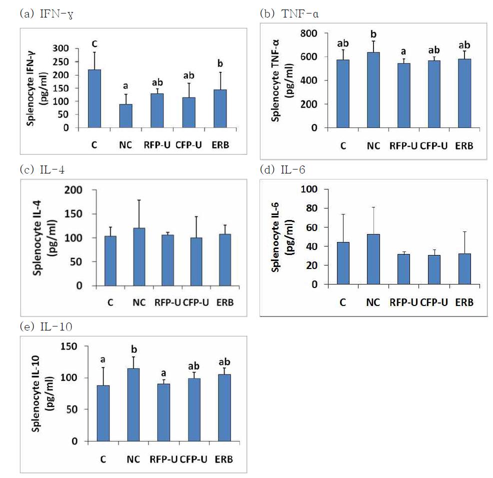 DSS로 유도된 염증성 대장질환 마우스의 비장 lymphocyte에서의 cytokine 분비량 측정 결과, (a) IFN-γ; (b) TNF-α; (c) IL-4; (d) IL-6; (e) IL-10