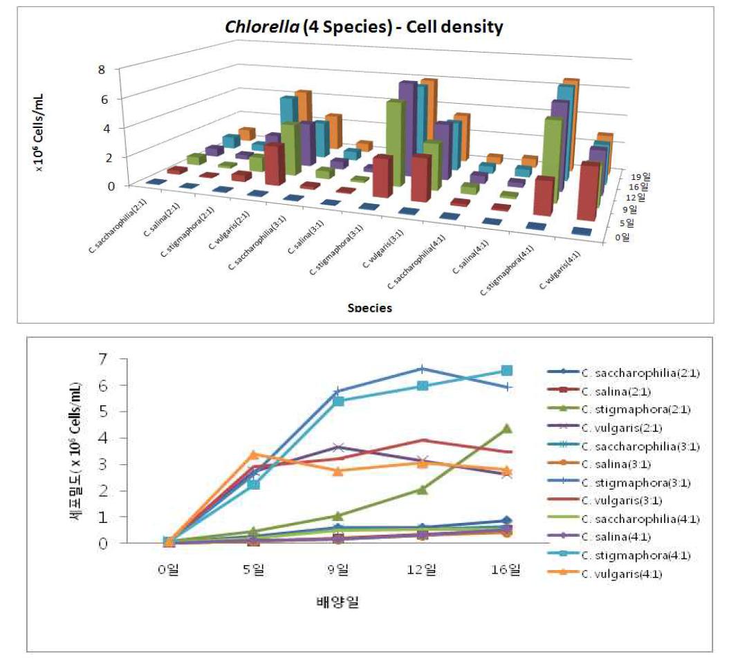 LED파장에 따른 4종의 해양 Chlorella의 세포밀도 변화 (3차원와 2차원 그래프)(R파장:B파장)