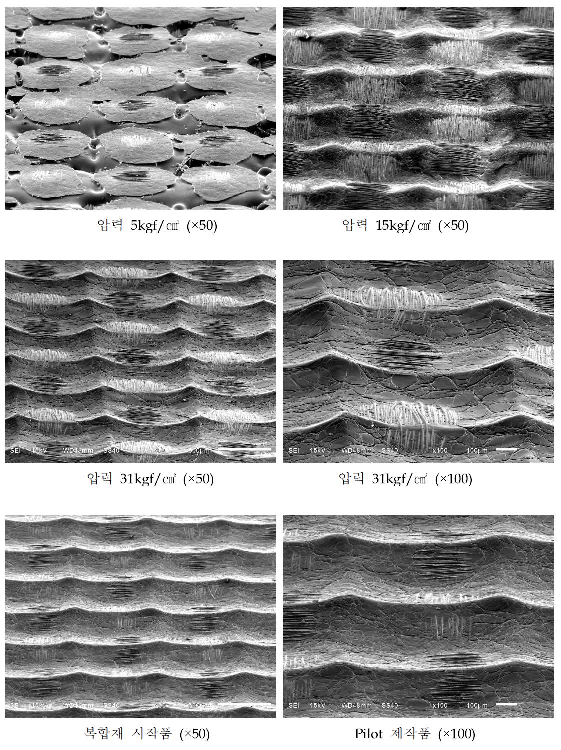 T-132# Emboss 적용 성형 압력별 복합재 표면 SEM 사진 (Tilting 70°)
