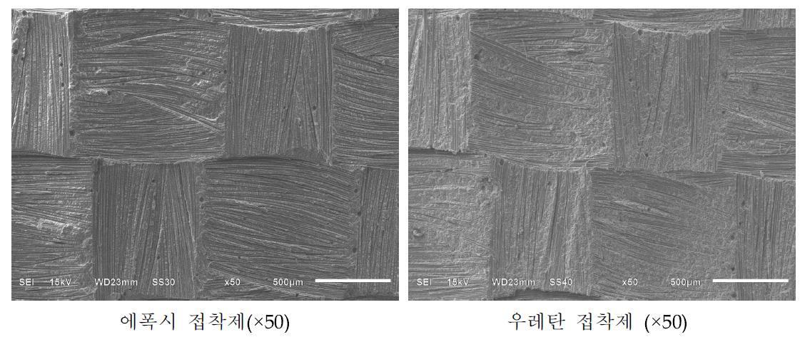 상온용 접착제와 2차 접착 후 강제 박리시킨 복합재 표면 SEM 사진