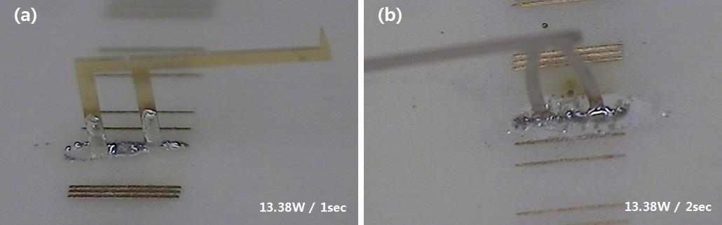 Solder paste를 적용하여 2D MEMS probe를 MLC 기판의 전극 pad line상에 접합한 결과; (a) laser 출력/시간: 13.38W/1sec, (b) 13.38W/2sec 적용 시 결과.