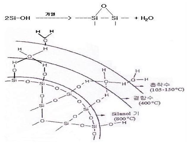 실리카 표면의 흡착수 및 결합수.