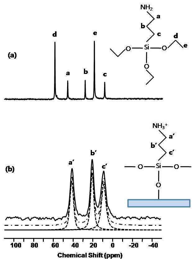 표면 개질 후의 실리카 (a)와 3-APTES (b)의 13C CP/MAS NMR 스펙트럼