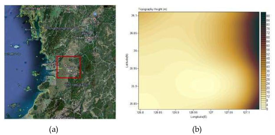(a) 해석대상 지형의 위성사진 (b) 해석대상 지형의 DEM 정보