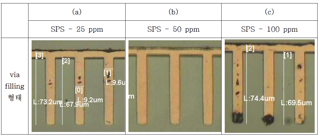 전해 구리 도금에서 가속제의 첨가량에 따른 via filling 형태