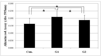 Alizarin red assay of MG-63 cells grown on the surface of control, G1, and G2 after incubation of 21 days. (*: P<0.05,Bonferronitest)