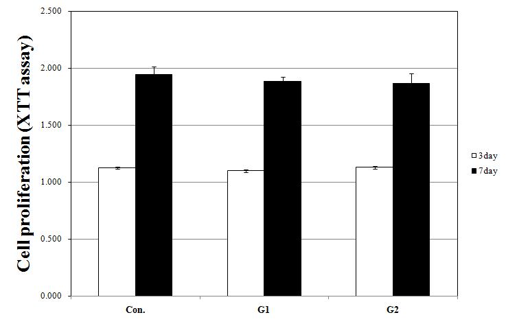 cell proliferation (XTT assay) : 그룹간 차이를 보이지 않음