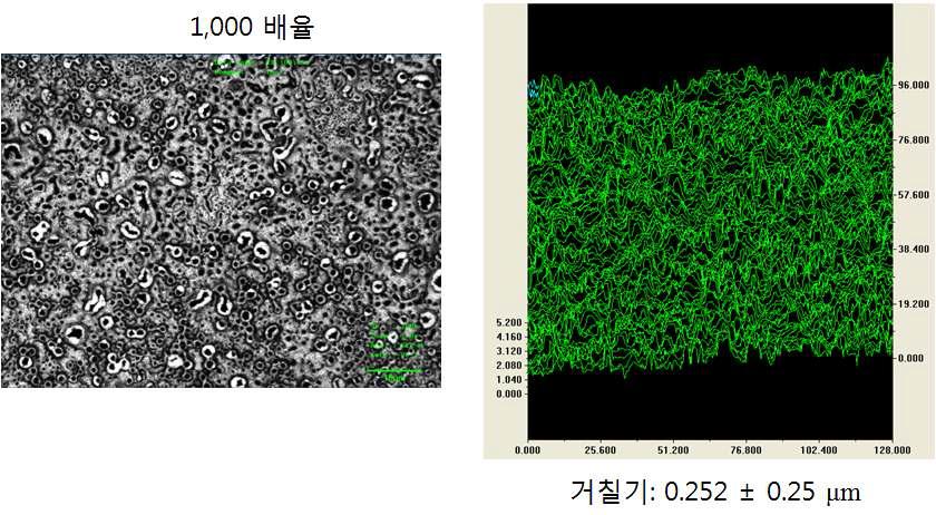 양극산화 표면에 펩타이드의 화학적 고정 후 공처점 레이저 현미경 이미지