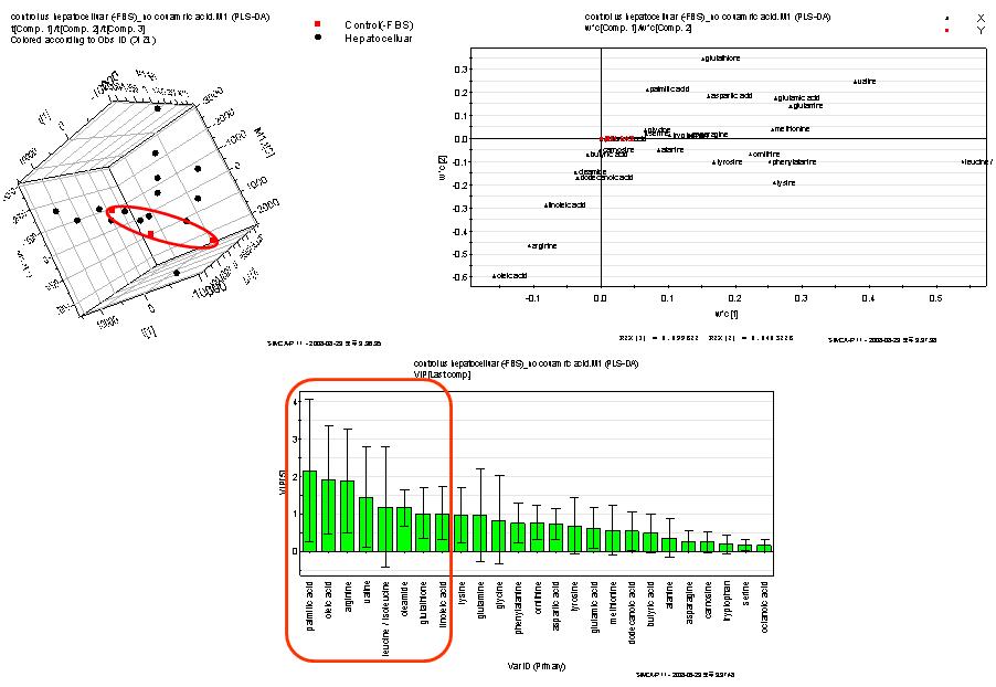 PLS-DA analysis for targeted profiling of endogenous metaboltes compared to (-) FBS control in hepatocelluar pattern drugs (n=3); score plot (up left), loading plot (up right), VIP value (down).