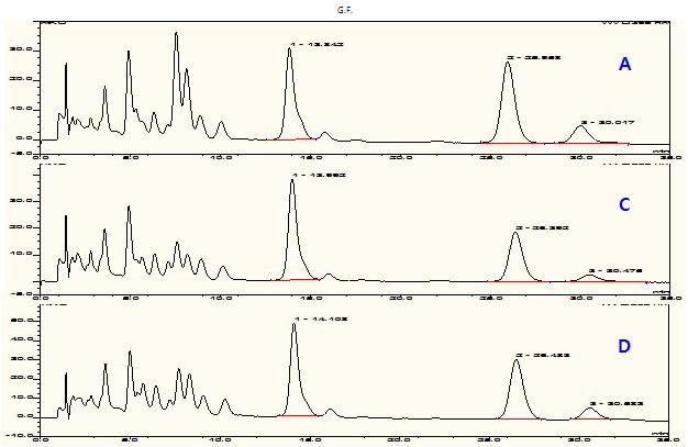 대한약전 ‘Ginkgo Flavonoids방법’ 세 가지 제제 크로마토그램