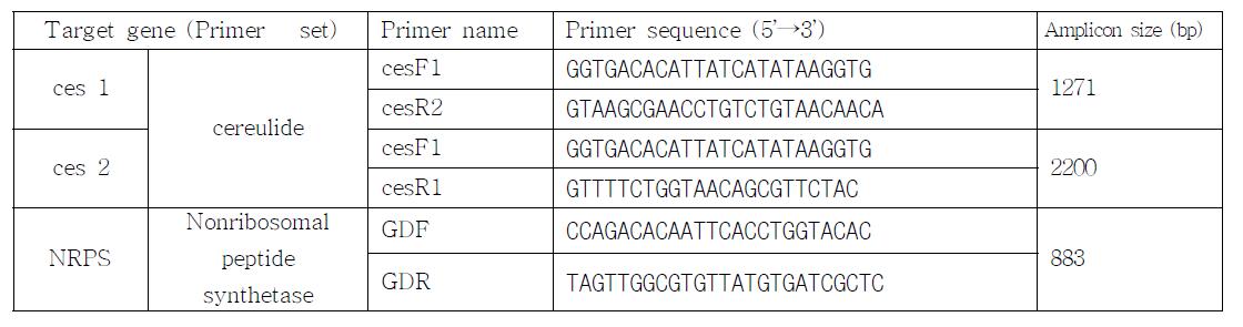 emetic toxin gene 검출에 이용된 primer list