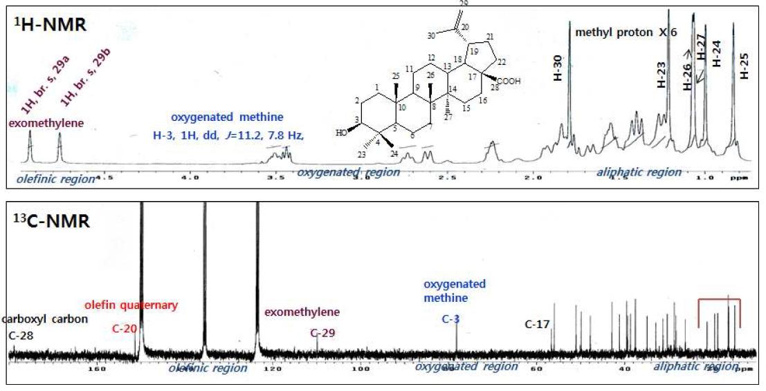 1H-NMR (400 MHz) and 13C-NMR (100 MHz) spectra of betulinic acid (pyridine-d5).