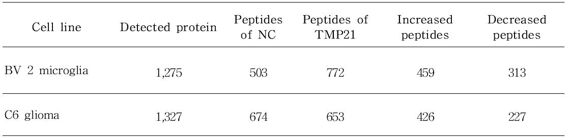 TMP21 유전자가 도입된 BV 2 microglia 세포와 C6 glioma 세포에서 LC-MS/MS서 검 출된 단백질 수