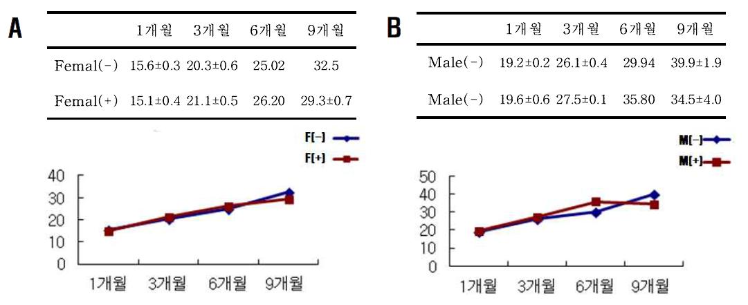 연령에 따른 퇴행성 뇌질환모델(hTMP21)동물의 체중변화. Female(A), Male(B)