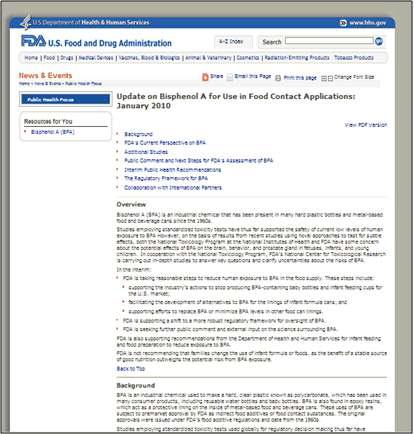 FDA :Update on Bisphenol A for Use in Food Contact A pplications: January 2010