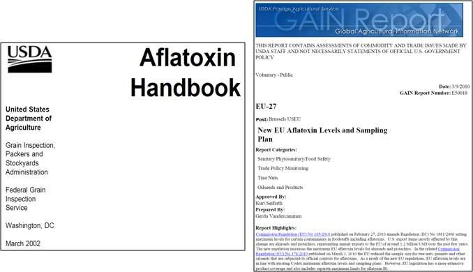 2002년 USDA 발행 Aflatoxin Handbook 표지와 2010년 3월 9일 발행 USDA GAIN Report 표지