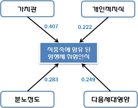 전문가의 식품 속에 함유된 항생제 위해인식과 설명변수와의 관계도