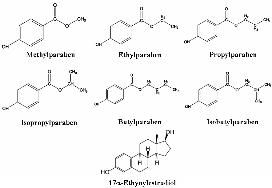파라벤류(Butyl paraben, propyl paraben, isobutyl paraben, isopropyl parabenn, methyl paraben, ethyl paraben 구조