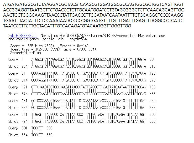 경기122(고유번호 유45) 시료로부터 검출된 GII형 노로바이러스 염기서열
