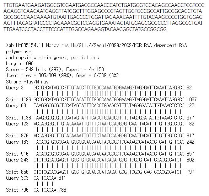 경남66(고유번호 유15) 시료로부터 검출된 GII형 노로바이러스 염기서열