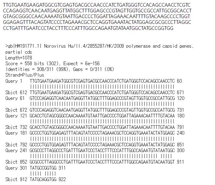 경남90(고유번호 위335) 시료로부터 검출된 GII형 노로바이러스 염기서열