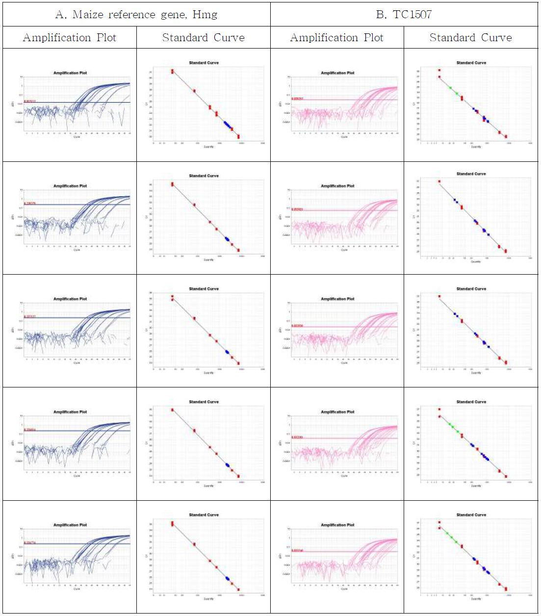 Amplification plots and standard curves for TC1507 event-specific quantitative Real-time PCR method using gradient-diluted TC1507 CRM genomic DNA as the template, performed by Lab. 2. A. Amplification graph and standard curves for the maize reference gene, Hmg assay. B. Amplification graph and standard curves for the TC1507-event specific assay.