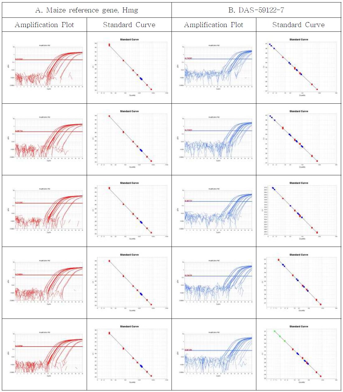 Amplification plots and standard curves for DAS-59122-7 event-specific quantitative Real-time PCR method using gradient-diluted DAS-59122-7 CRM genomic DNA as the template, performed by Lab. 2. A. Amplification graph and standard curves for the maize reference gene, Hmg assay. B. Amplification graph and standard curves for the DAS-59122-7-event specific assay.