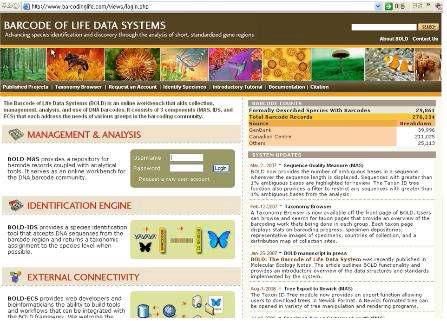 Barcode of the Life Data System(BOLD)의 인터넷 홈페이지