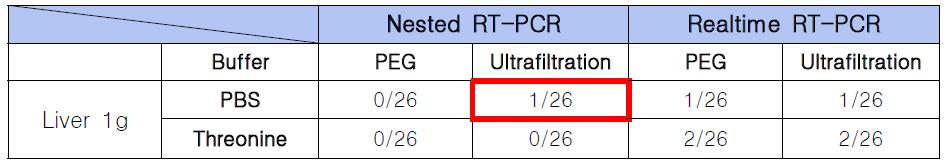 Buffer와 농축법에 따른 Nested RT-PCR 및 R ealtime RT-PCR 민감도 비교