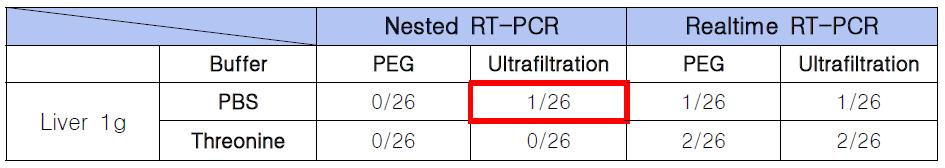 Buffer와 농축법에 따른 Nested RT-PCR 및 R ealtime RT-PCR 민감도 비교